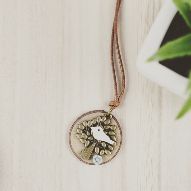 bird on tree wood pendant necklace